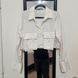 Zara White Cropped Collared Top